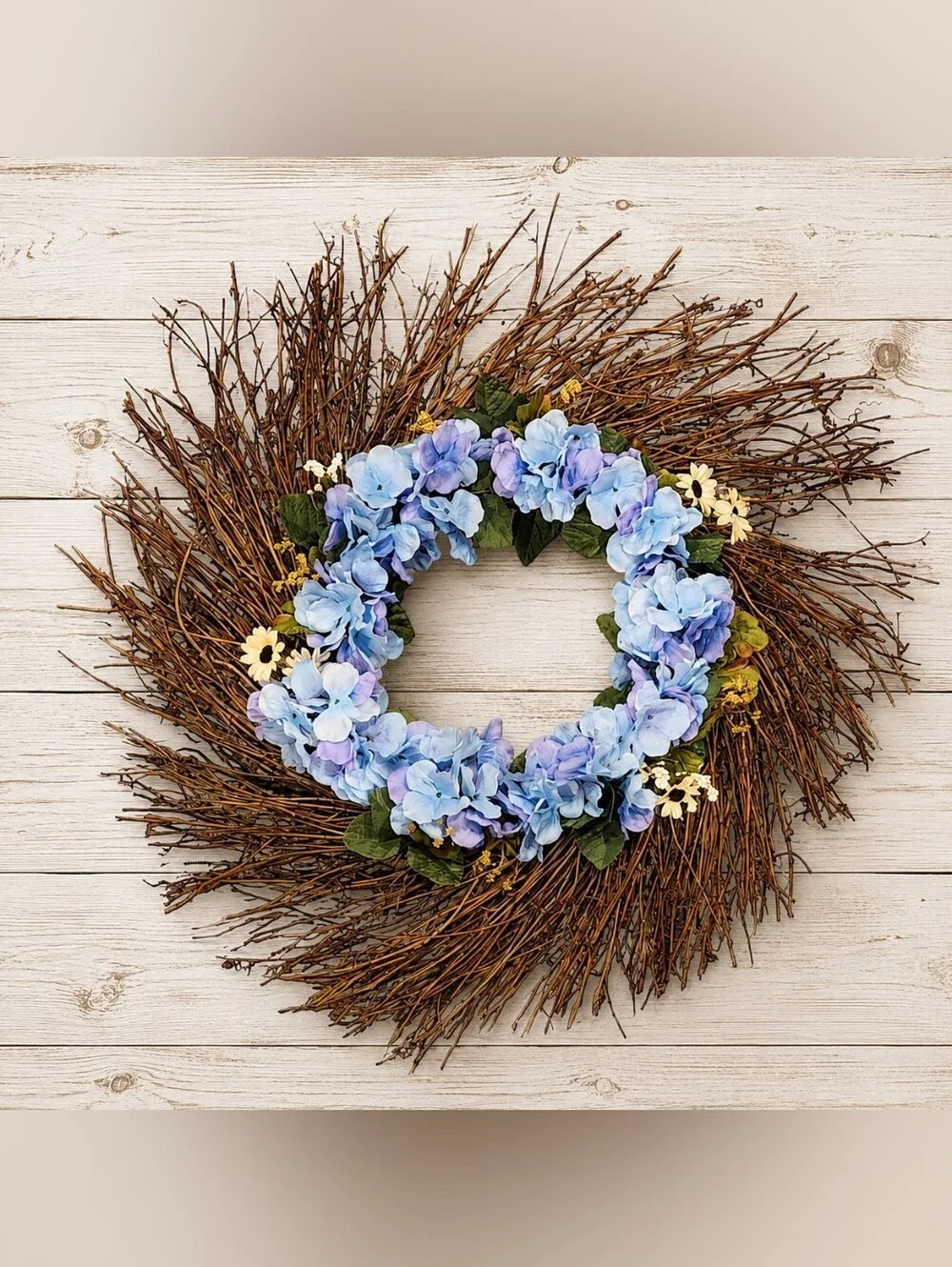 Handmade Summer Blue Hydrangea Grapevine Wreath Rustic Farmhouse Door Decor